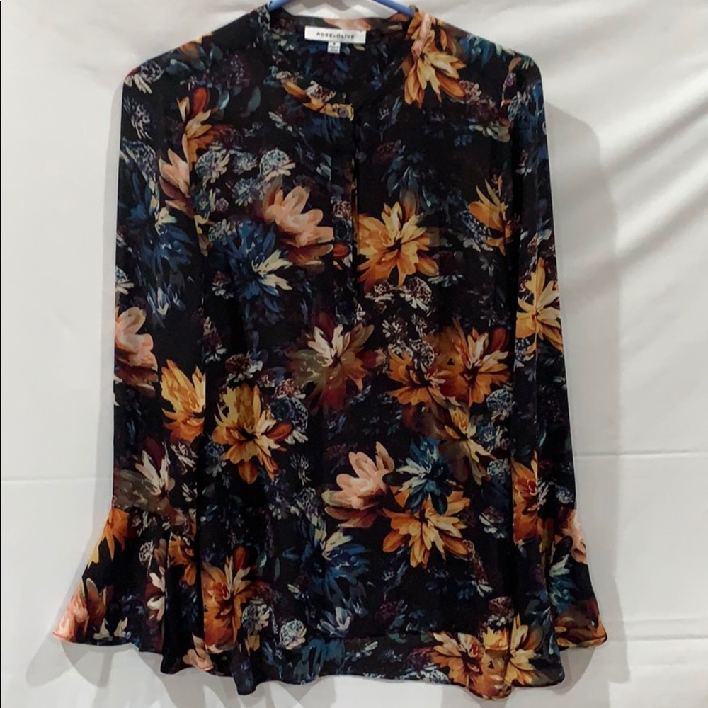 Women Rose &Olive Flower Black Lightweight Blouse